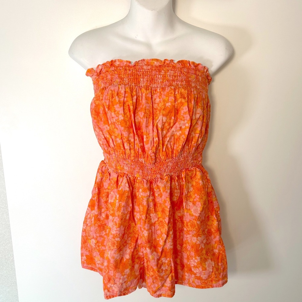 Revolve RESTON ROMPER Size XS Mitsy Ditsy Floral Orange Pink Cotton Strapless - Picture 1 of 7